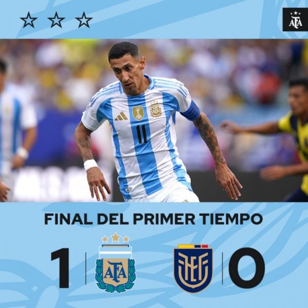 半场-阿根廷暂1-0厄瓜多尔 迪马利亚破门+任意球中框