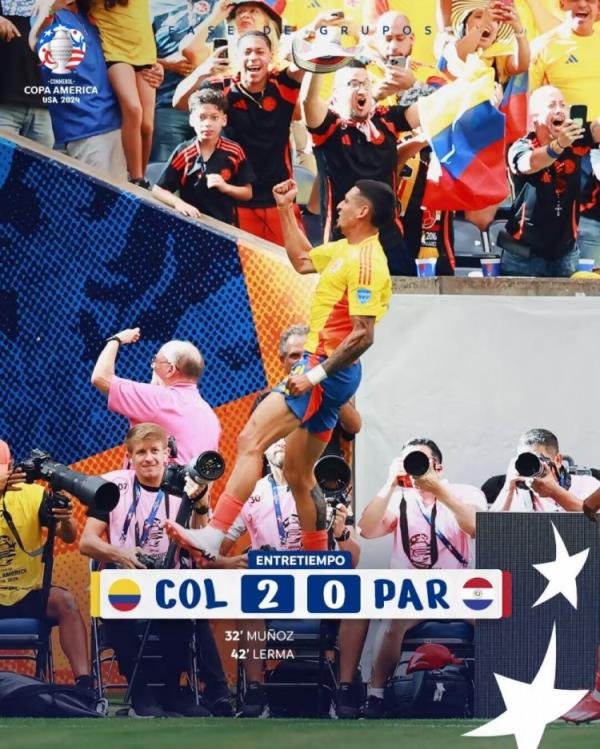 半场-J罗助攻双响穆尼奥斯破门莱尔马建功 哥伦比亚2-0巴拉圭