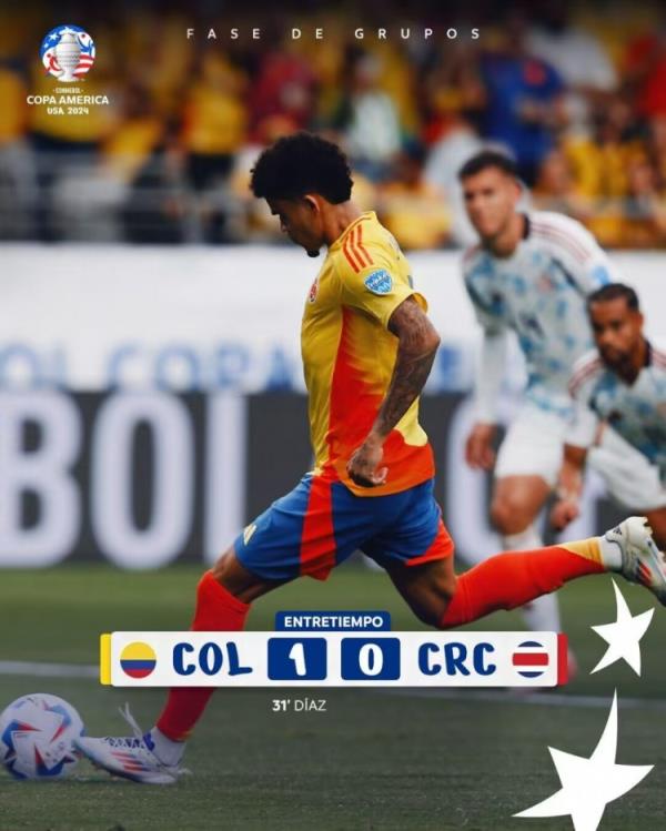 半场-哥伦比亚暂1-0哥斯达黎加 迪亚斯点射哥斯达黎加0射正