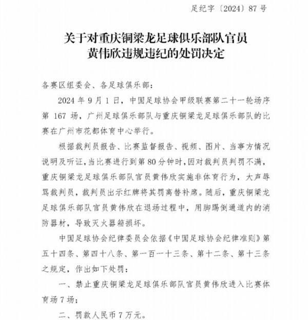 重庆铜梁龙官员染红后踢倒消防器材，被足协禁赛7场+罚款7万